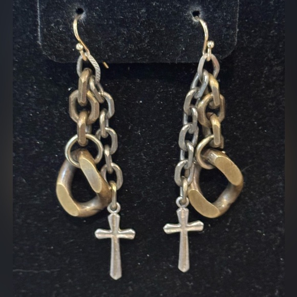 Sterling Silver Cross & Brass chain dangle earrings & ear post 14k gf Signed JHK - Picture 1 of 6